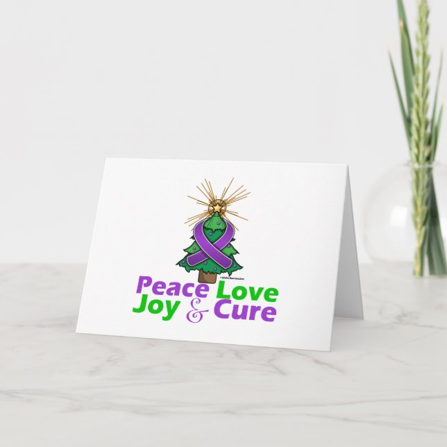Purple Ribbon Christmas Peace Love, Joy & Cure Holiday Card (Front)