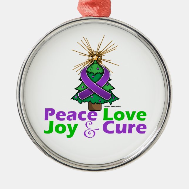 Purple Ribbon Christmas Peace Love, Joy & Cure Metal Tree Decoration (Front)