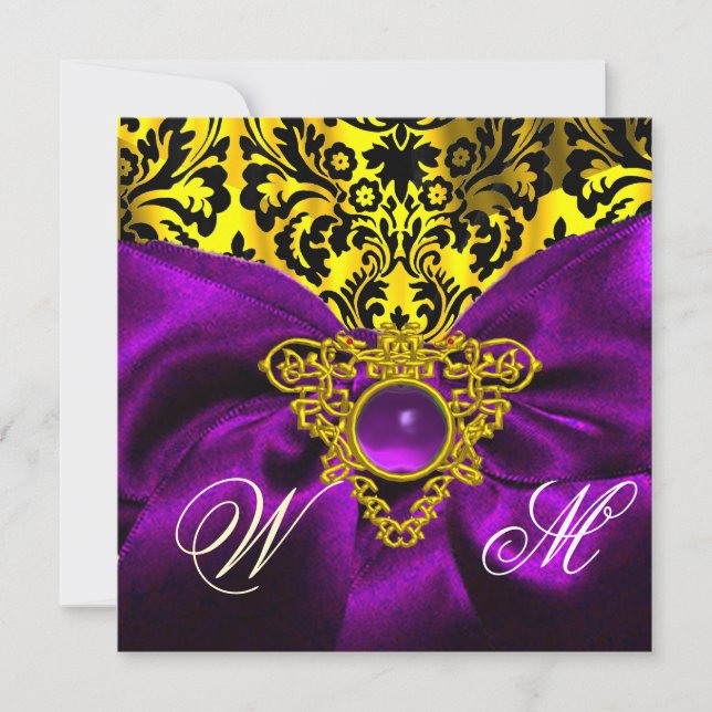 PURPLE RIBBON GOLD CELTIC HEART  DAMASK MONOGRAM INVITATION (Front)