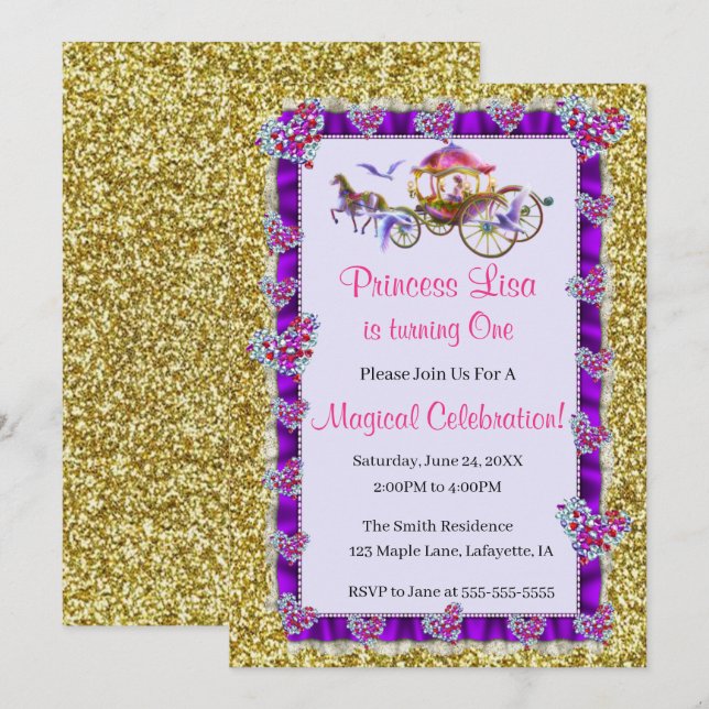 Purple Ribbon Gold Glitter Royal Princess Birthday Invitation (Front/Back)