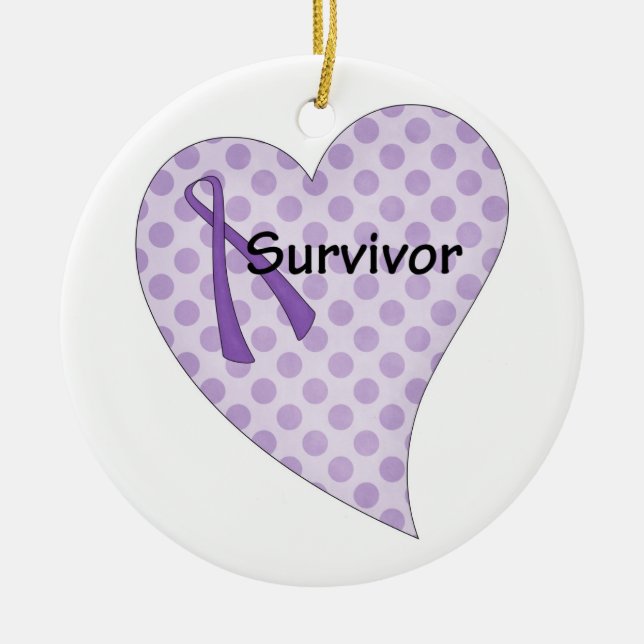 Purple ribbon & heart survivor orament ceramic tree decoration (Front)