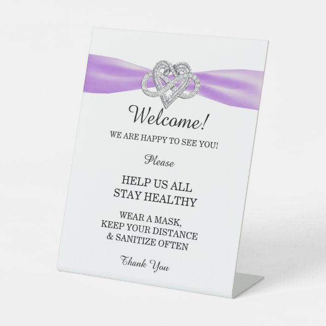 Purple Ribbon Infinity Heart Wedding Safety  Pedestal Sign (Front)