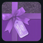 Purple Ribbon Merry Christmas Gift Square Sticker<br><div class="desc">*Customise by adding text.</div>