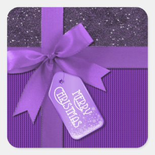 Purple Ribbon Merry Christmas Gift Square Sticker