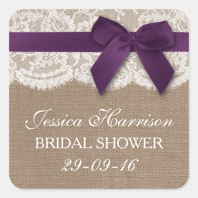 Purple Ribbon On Burlap & Lace Bridal Shower Square Sticker (Front)