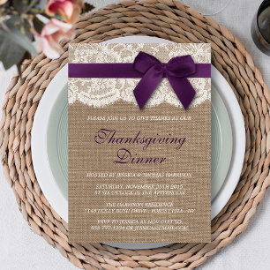 Purple Ribbon On Burlap & Lace Thanksgiving Dinner Invitation
