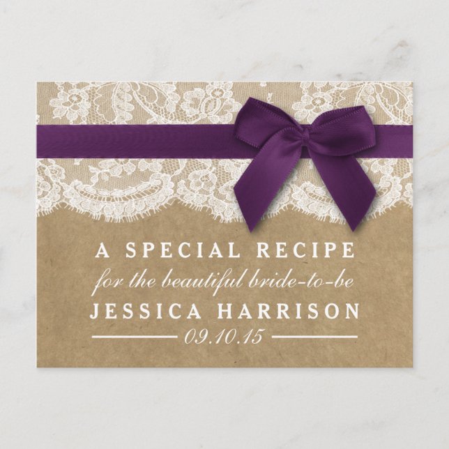 Purple Ribbon On Kraft & Lace Bridal Shower Recipe Invitation Postcard (Front)