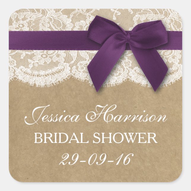 Purple Ribbon On Kraft & Lace Bridal Shower Square Sticker (Front)