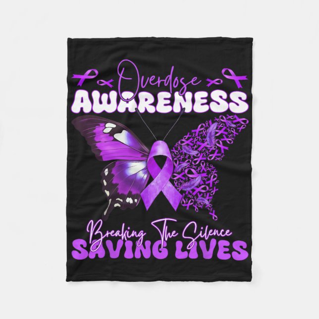 Purple Ribbon Overdose Awareness Day Butterfly Sup Fleece Blanket (Front)