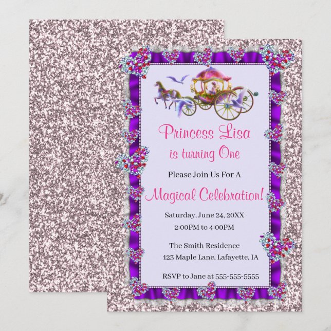 Purple Ribbon Pink Glitter Royal Princess Birthday Invitation (Front/Back)