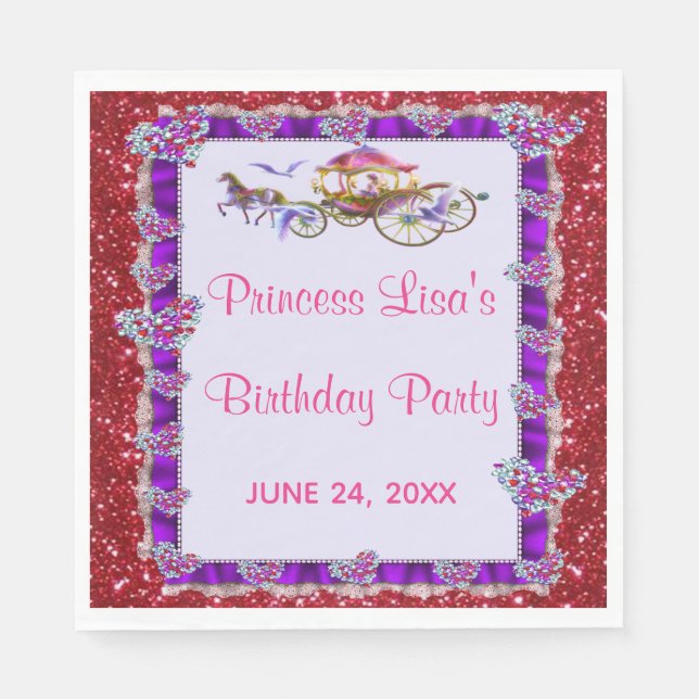Purple Ribbon Red Glitter Royal Princess Birthday Napkin (Front)