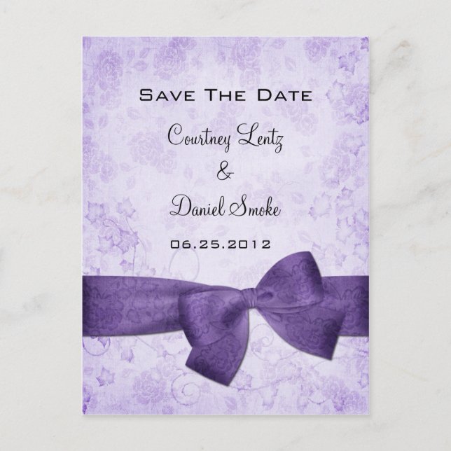 Purple Ribbon Save The Date Announcement Postcard (Front)