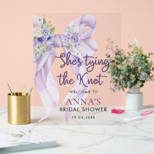 Purple Ribbon She's Tying the Knot Bridal Shower Acrylic Sign