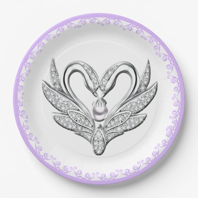 Purple Ribbon Silver Swans Paper Plate (Front)
