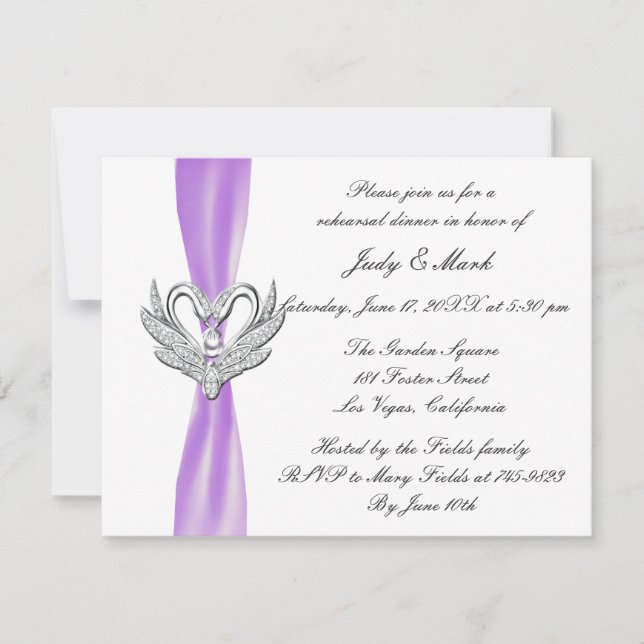 Purple Ribbon Silver Swans Rehearsal Dinner Invite (Front)