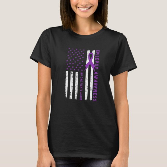 Purple Ribbon US Flag Epileptic Epilepsy Awareness T-Shirt (Front)