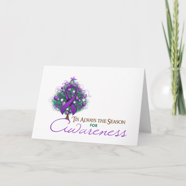 Purple Ribbon Xmas Awareness Season Holiday Card (Front)