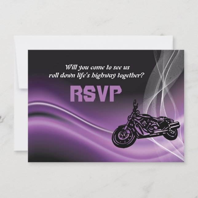 Purple road biker wedding RSVP response card (Front)