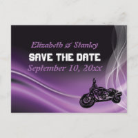 Purple road biker wedding Save the Date postcard