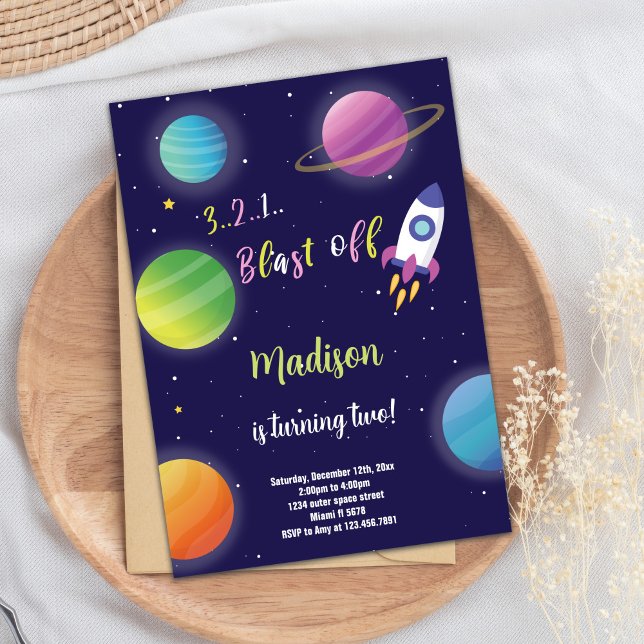 Purple Rocket Outer Space Birthday Invitation (Purple Rocket Outer Space Birthday Invitations)