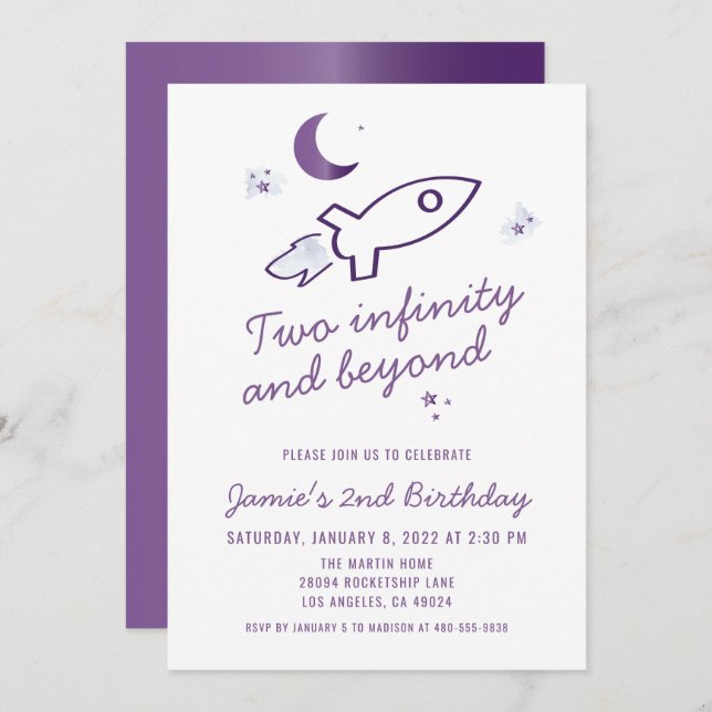 Purple Rocket Ship Outer Space 2nd Birthday Invitation (Front/Back)