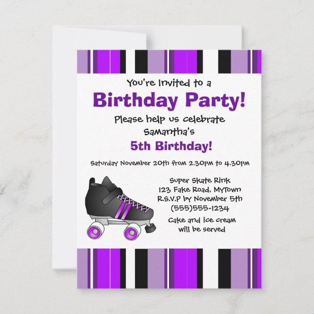 Purple Roller Skate Birthday Party - Purple Stripe Invitation (Front)
