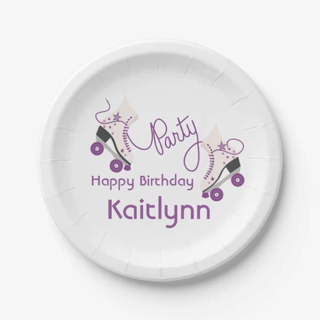 Purple Roller Skates Birthday Party Paper Plate (Front)