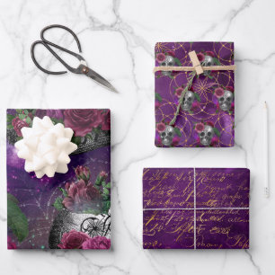 Purple Romantic Gothic Witch and Roses Wrapping Paper Sheet