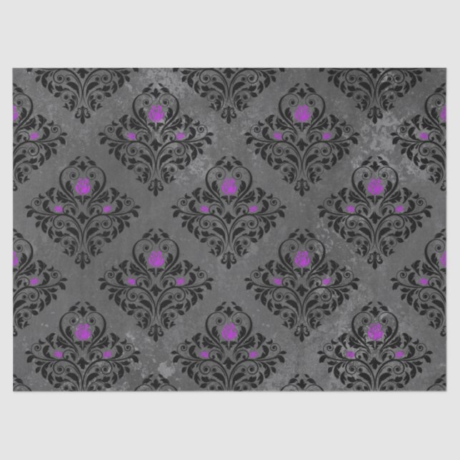 Purple Rose and Black Damask Decoupage Tissue Paper (Front)