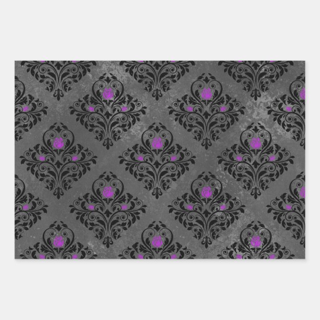 Purple Rose and Black Damask Wrapping Paper Sheet (Front)