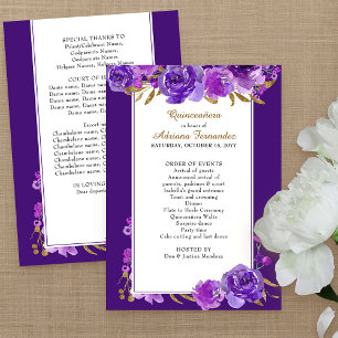 Purple Rose and Elegant Gold Leaf Quinceanera Programme