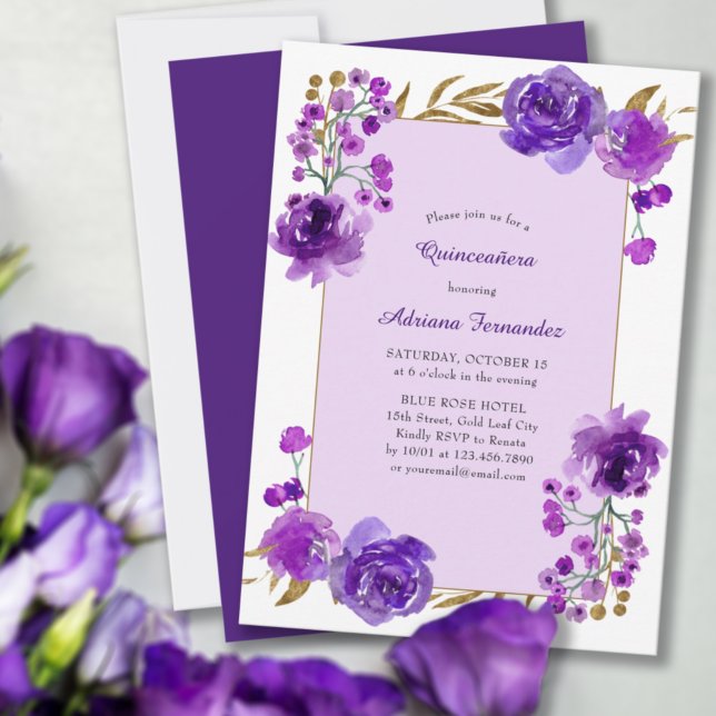 Purple Rose and Gold Leaf Elegant Quinceanera Invitation (Creator Uploaded)