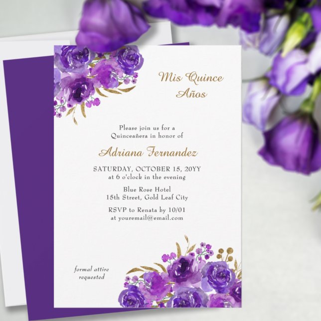 Purple Rose and Gold Leaf Quince Anos Quinceanera Invitation (Creator Uploaded)