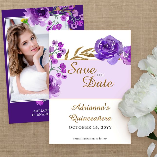 Purple Rose and Gold Leaf Quinceanera Photo Save The Date (Purple floral save the date from my Rose and Gold Leaf quinceanera collection)