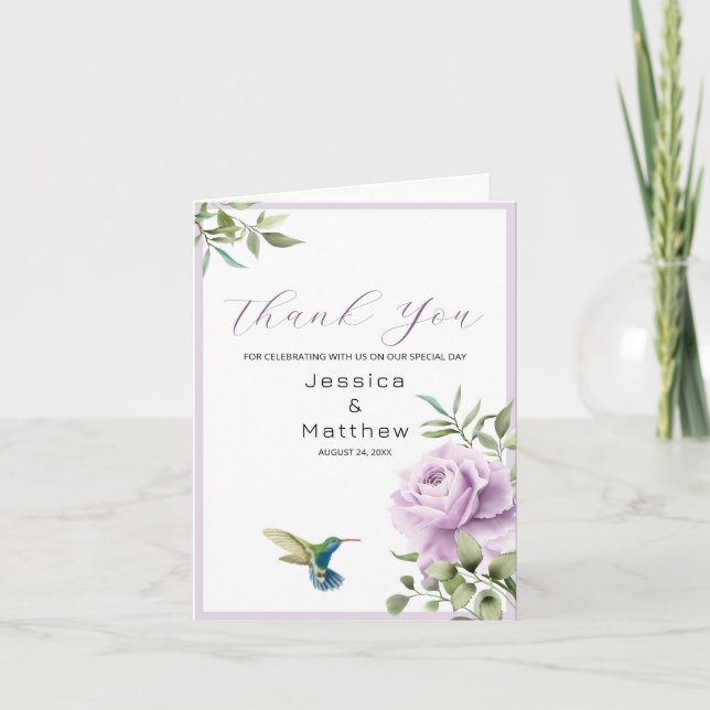 Purple Rose and  Hummingbird  Thank You Card (Front)