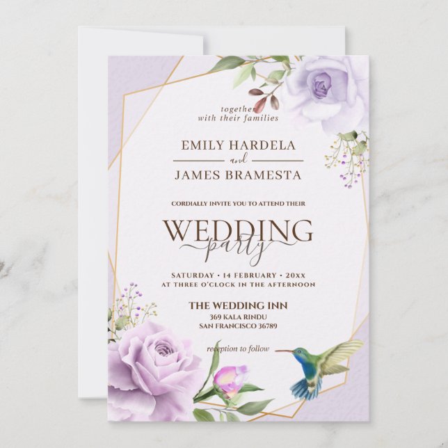 Purple Rose Bird Floral Frame Watercolor Wedding Invitation (Front)