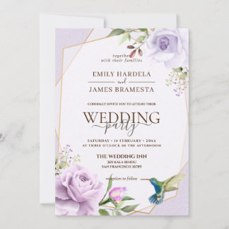 Purple Rose Bird Floral Frame Watercolor Wedding Invitation