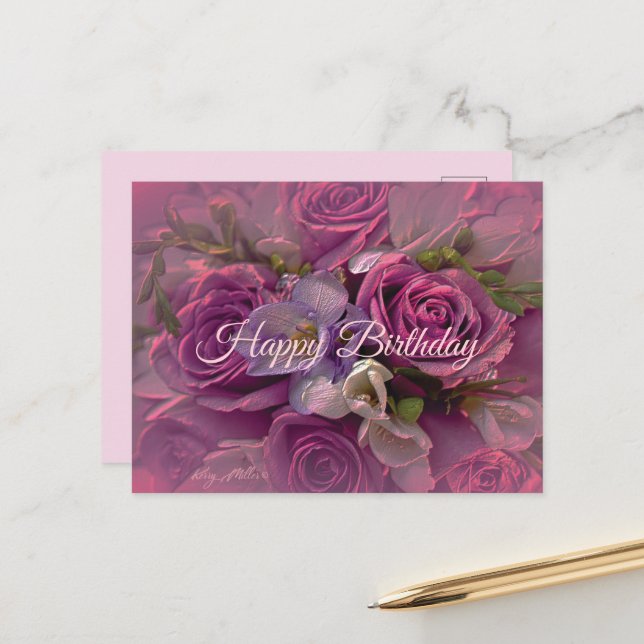 Purple Rose Birthday Postcard (Front/Back In Situ)