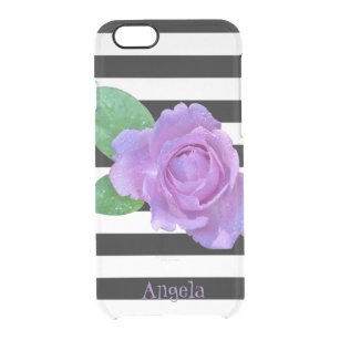 Purple Rose, Black and White Stripes-Personalised Clear iPhone 6/6S Case