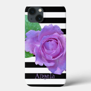 Purple Rose, Black, White Stripes- Personalised Case-Mate iPhone Case