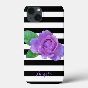Purple Rose, Black, White Stripes Personalised iPhone 13 Case