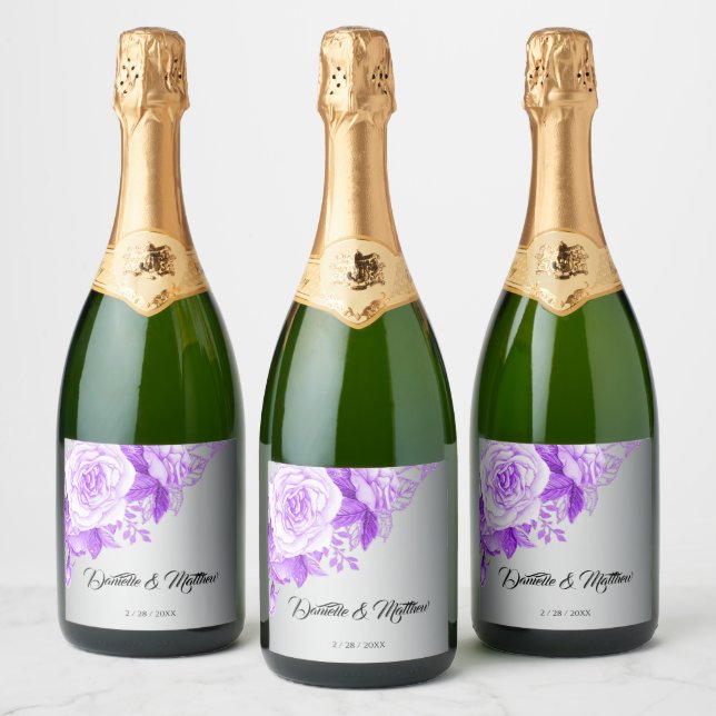 Purple Rose Boho Elegance Silver Wedding  Sparkling Wine Label (Bottles)