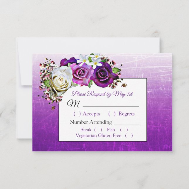Purple Rose Bouquet Elegant Wedding RSVP card (Front)