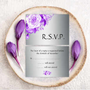 Purple Rose Bouquet on Silver Wedding RSVP Card