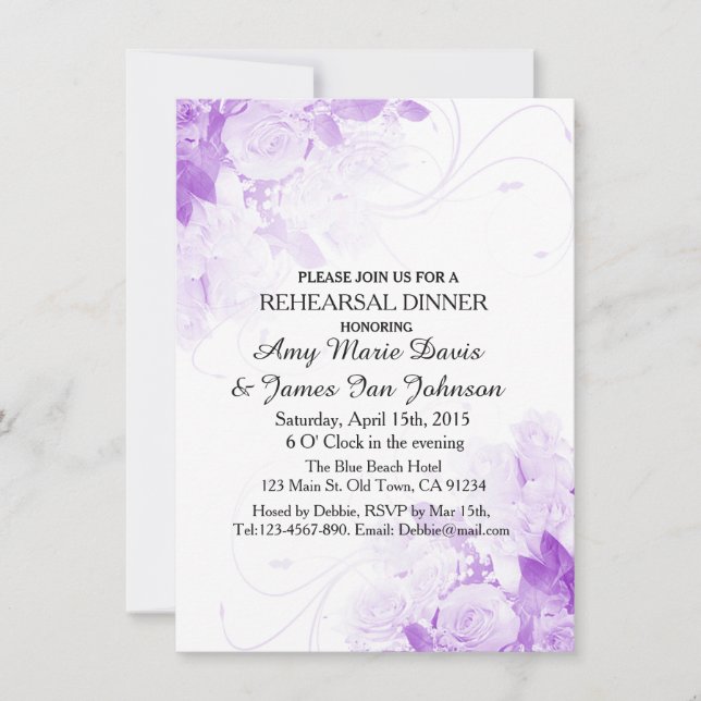 Purple rose bouquet rehearsal dinner invites vr4 (Front)