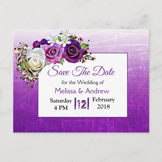 Purple Rose Bouquet Wedding Save the Date Announcement Postcard (Front)