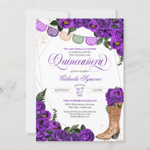 Purple Rose Charra Cowgirl Boots Quinceañera Invitation