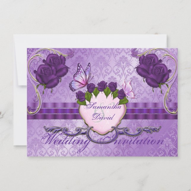 Purple Rose Damask Wedding Invitation (Front)