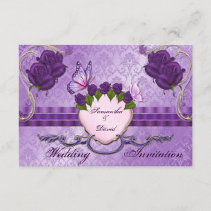 Purple Rose Damask Wedding Invitation Card