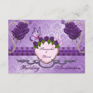 Purple Rose Damask Wedding Invitation Card